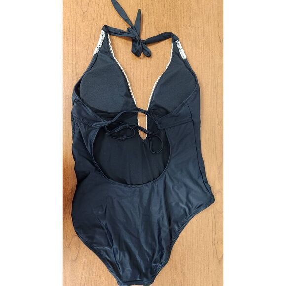 Kona Sol Women's LARGE Crochet Trim Plunge One Piece Swimsuit - Picture 7 of 10